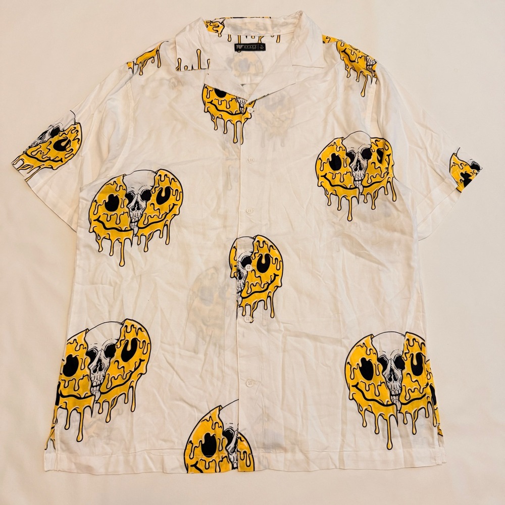 RF Brand MFG Button Down Shirt Mens XL White Melting Skull Smiley Streetwear